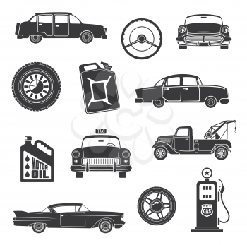 Retro cars and vintage automobile concept icons. Vector isolated set of retro taxi cab or loader truck, gasoline station and motor oil canister or tire and steering wheel for limousine