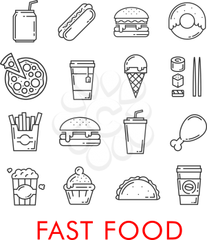 Fast food thin line icons of burgers, sandwiches or pizza and ice cream. Vector isolated Mexican tacos or burrito, chocolate donut or soda and chicken grill leg or popcorn for fastfood restaurant menu