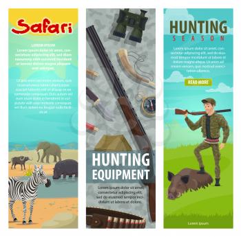 Hunting open season banners for safari hunter club of hunt equipment. Vector flat design of hunter in forest or Africa with rifle gun, binoculars and trophy of aper hog or zebra and hippo animals