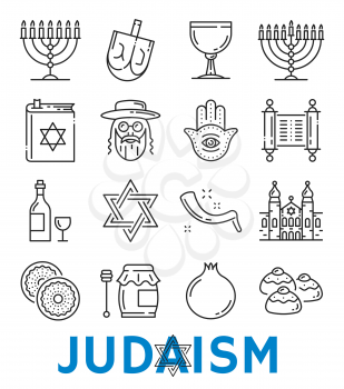 Judaism symbols of Jewish religious thin line art icons. Vector isolated set of David star and Torah Judaism book, religion food and drink, synagogue or menorah and Eucharist or Hamsa and Shofar