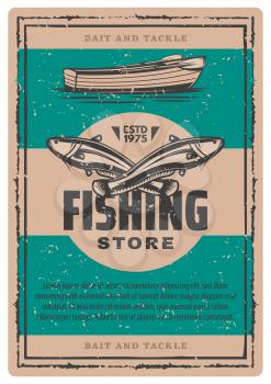 Fishing store vintage sketch poster. Vector retro design of big catfish or sheatfish catch with fisherman boat and paddles for professional fisher sport or fishery industry