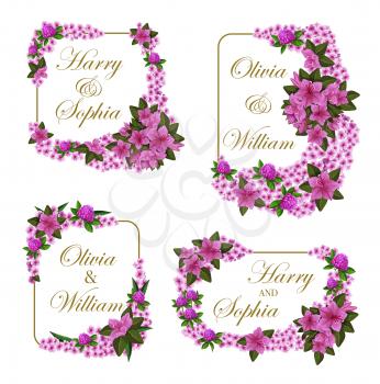 Wedding greeting cards of lilac or violet flowers for engagement party invitation. Vector Save the Date design of bride and bridegroom names in frame of hibiscus rose or crocuses flourish bouquets