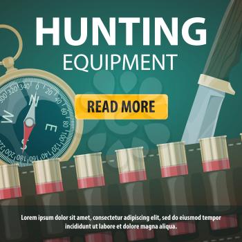 Hunting equipment poster or web landing page for hunter store on open season club. Vector design of hunt knife, compass and bullets of rifle gun for wild African animals safari hunt