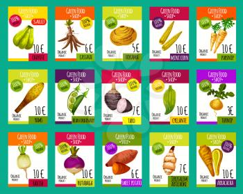 Exotic vegetables price cards for farm market. Vector set of chayote squash, cassava or hikama tuber and mini corn, parsnip, yams or taro and cyclante or artichoke, turnip or radish and arracacha