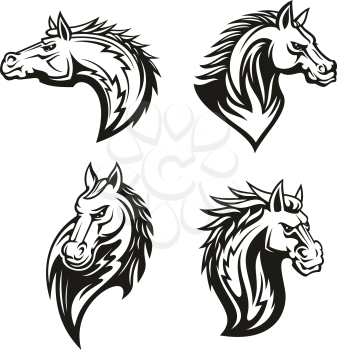 Horse head heraldic icons for royal coat of arms and heraldry signs. Vector line set of equine head with mane for tattoo design, heraldic shield, chess team badge or equestrian sport club
