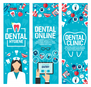 Dental clinic or online dentist medical center banners. Vector flat design of dentistry nurse, clean white tooth, toothpaste with toothbrush and doctor prescription on smartphone