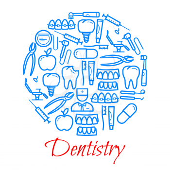 Dentistry poster of dental concept thin line icons. Vector design of dentist doctor with tooth, toothpaste or toothbrush and implants, pliers and medical chair with orthodontic syringe