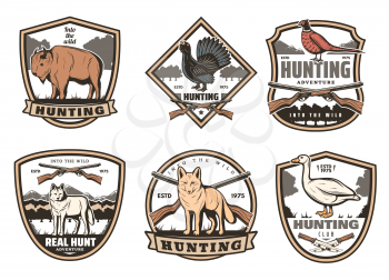 Hunter club or hunting open season badge icons. Vector set of shields with buffalo, wild wolf or fox and crossed rifle guns, duck and pheasant birds with hunter knife for outdoor adventure