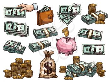 Money dollar banknotes and coins or piggy bank sketch icons. Vector set of 100 dollars money bank notes of hand with cash packs for payment or investment banking or finance and currency design
