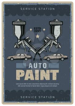 Car paint and repair service vintage poster for mechanic garage or automobile renovation. Vector retro design of paint or varnish jet machine, premium quality stars for car service station