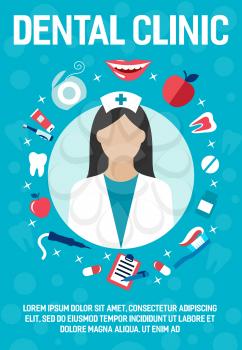 Dental clinic poster of dentistry medicine icons of dentist nurse doctor and medicines. Vector flat design of medical tools, tooth, toothpaste or toothbrush and implants or smile and apple
