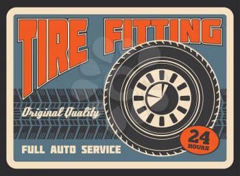 Car auto service or tire fitting station retro poster. Vector vintage design of tire track of car light alloy wheel for automobile spare parts shop or transport mechanic garage repair center