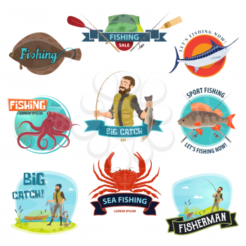 Fishing icons templates for fisherman shop or fisher store sale. Vector isolated symbols of fish and seafood catch or fishing rod and tackles, baits with marlin, salmon or trout and octopus
