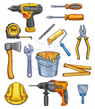 Construction work tools color sketch icons. Vector isolated building, carpentry and painting tool of electric drill, ax or tape-measure, screwdriver and pliers or nippers, paintbrush and safety helmet
