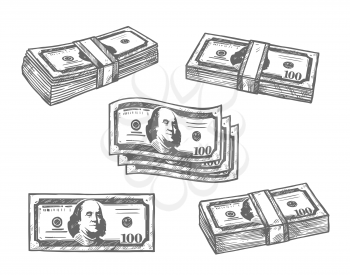 Dollar banknotes money bundles sketch icons. Vector isolated set of 100 dollars or paper money or bank notes cash pack bound for banking or finance and currency exchange design