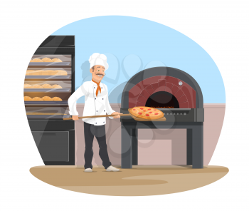 Bakery and baker at work baking bread. Vector flat design of bakehouse and baker man with baked pizza on spatula at oven stove fresh buns and bagel loafs on shelf for bakery shop