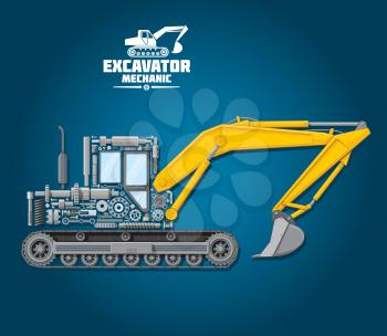Excavator mechanic poster of digger machine construction details cogwheels, engine pistons, bolts and gear wheels. Vector flat design of excavator mechanical parts and mechanisms