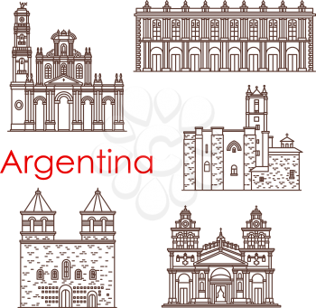Argentina famous land mark building and architecture facade line icons. Vector set of Argentinean churches and cathedrals of Buenos Aires Franciscan monastery of Latin America travel sightseeings