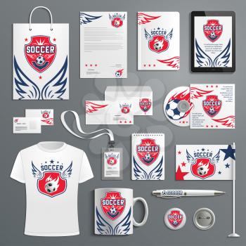 Soccer sport club or football team league promo materials, stationery and apparel icons for branding. Vector soccer t-shirt, business card, flag, mug cup and paper bag with ball on arena design