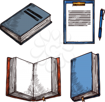 Old vintage books and notepad sketch icons for rarity bookshop or book store. Vector design of ancient rare books open or closed and modern notebook with writer ink pen