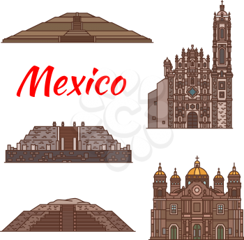 Mexico architecture landmarks and famous Aztec buildings facade line icons. Vector set of Mexican cathedrals and monastery castles of San Francisco Xavier church and Mayan ancient Quetzalcoatl pyramid