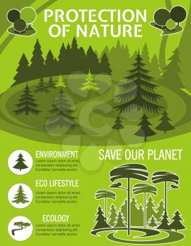 Save Planet poster for ecology nature protection template. Eco park or forest with green tree and plant promo poster for environment conservation and sustainable technology design