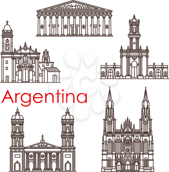 Argentina famous landmark buildings and sightseeing architecture line icons. Vector set of churches and cathedrals of Buenos Aires El Pilar, San Salvador De Jujuy, San Miguel and La Plata castle