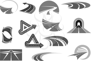 Road vector icons set. Symbols of highways and motorways with tunnels and traffic marking and direction arrows for transport or repair and construction service or travel and navigation company