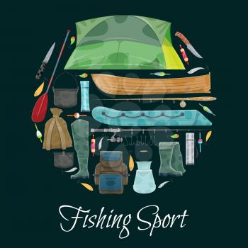 Fishing sport poster of fisherman equipment. Vector flat design of fisher tackles for fish and seafood catch of fishing rod, wader boots or boat and paddle, rucksack or tent and bowler fishing