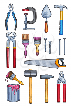 Work tools color sketch icons. Vector isolated set pliers, vise or cutter and saw, paint brush or hammer or nail puller and screwdriver with nails for construction, building carpentry and home repair