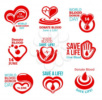 World Blood Donor Day icon set for health charity themes design. Heart and helping hand medical symbol with red drop of donation blood, ribbon banner and heartbeat line for volunteer donor center