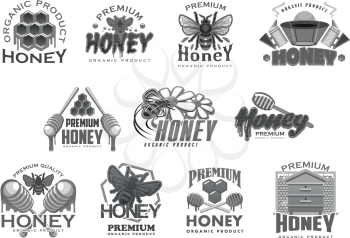 Honey and beekeeping farm product icons templates. Vector isolated symbols of bee honeycomb, honey drops and dipper spoon for beekeeping product jar package or organic market shop design