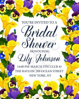 Bridal shower party invitation card with flower frame. Calla lily, spring crocus, pansy and jasmine blooming branch floral border for wedding and engagement ceremony greeting card design