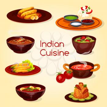 Indian cuisine restaurant thali dish and desserts. Green chutney with rice, curry soup and spinach chicken stew, fried chili pepper and banana, tomato cream soup, pork rice and turkey curry