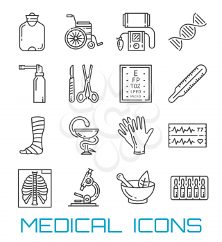 Medicine, pharmacy and healthcare thin line icons. Doctor, thermometer and DNA, surgeon instrument, x-ray and blood pressure monitor, cardiogram, glove and wheelchair, laboratory microscope and spray