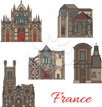 French travel landmark icons of Troyes architecture. Thin line building of St Pierre and St Paul Cathedral, Church of St Pantaleon, Basilica of Saint Urban and St Jean de Marche Church