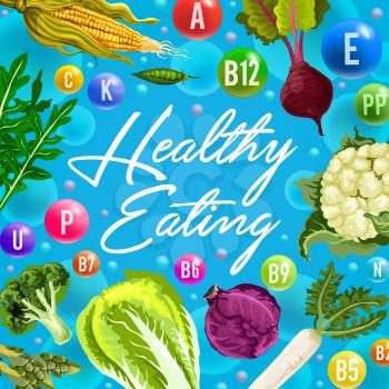 Vitamin and healthy eating poster with fresh vegetables and balls of multivitamin. Cabbage, broccoli and radish, cauliflower, corn and asparagus with vitamin and mineral pills for diet food design