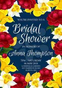 Bridal shower invitation floral poster for wedding ceremony celebration. Spring flower frame of daffodil, tulip, peony and calla lily, floral blossom and green leaf for marriage greeting card design