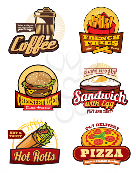 Fast food restaurant retro labels. Hamburger, pizza and french fries, cheeseburger, coffee, egg sandwich and mexican burrito isolated badge for cafe menu or food delivery service design