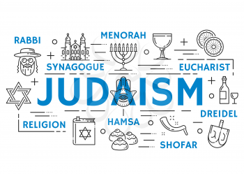 Judaism religion banner with jewish culture and philosophy thin line symbols. Torah, menorah and synagogue, hanukkah and passover holiday, kosher food and wine, dreidel, shofar and eucharist icons