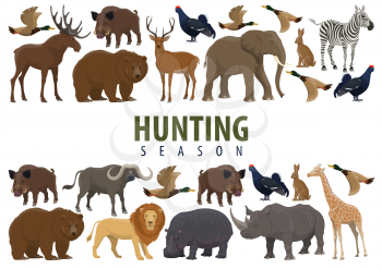 Hunting season banner with border of animal, wild forest bird and african safari mammal. Deer, duck and bear, elephant, lion and giraffe, rhino, hippo and reindeer, boar, hare and bull, zebra and elk