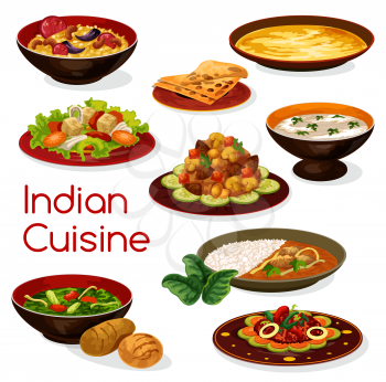 Indian cuisine curry dishes, served with lemon rice and pita bread, vegetable spinach stew, chicken almond and lentil soup, fried cheese and mushroom warm salad. Asian restaurant dinner design