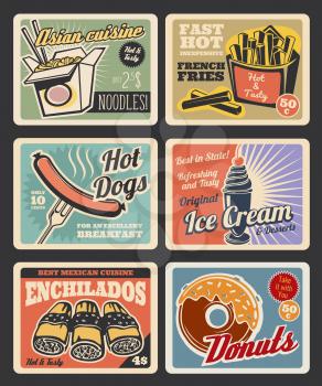 Fast food restaurant retro cards of american, mexican and asian menu. Hot dog with sausage, potato french fries and donut, chinese noodle box, ice cream dessert and enchiladas vintage poster