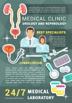 Urology and nephrology medical clinic promo poster with doctor, instrument and urinary system anatomy. Urologist and nephrologist medicine specialist service banner of medical treatment and research