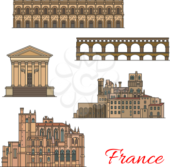 Travel landmarks of France icons with ancient Roman Empire and medieval European architecture. Cathedral of St Just and Nazaire, Ancient Roman Aqueduct Bridge, Corinthian Temple and Arena of Nimes