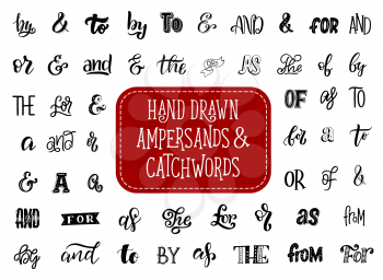 Ampersand and catchword hand drawn lettering elements. Retro typography font or vintage type, decorated with ribbon banner and swirls for wedding invitation and greeting card design