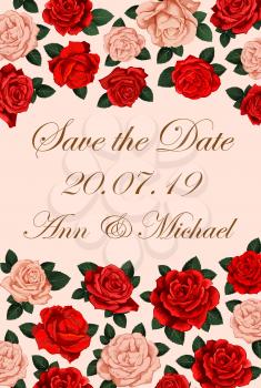 Save the Date floral banner for wedding ceremony celebration template. Red and pink rose flower with green leaf, arranged into floral border with copy space for invitation and greeting card design