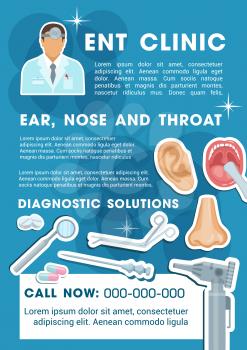 Otorhinolaryngology medicine banner for ENT clinic promotion template. Otorhinolaryngologist doctor with patient ear, nose and throat, pill, syringe and otoscope poster for healthcare themes design