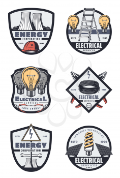 Electrical service retro badges of energy industry. Light bulb, cable and pliers, nuclear power station, solar energy battery, hard hat and stepladder on shields for emblem or symbol design