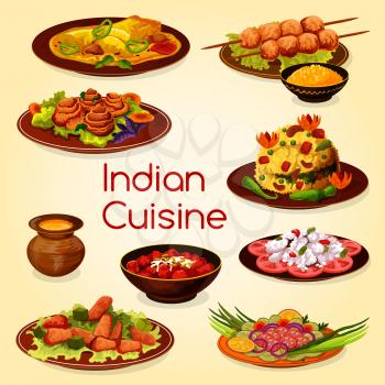 Indian cuisine restaurant dinner with fresh meat and vegetable. Grilled chicken, vegetarian rice pilaf and baked fish, vegetable, chicken and fish salad, sweet carrot dessert, topped with nuts